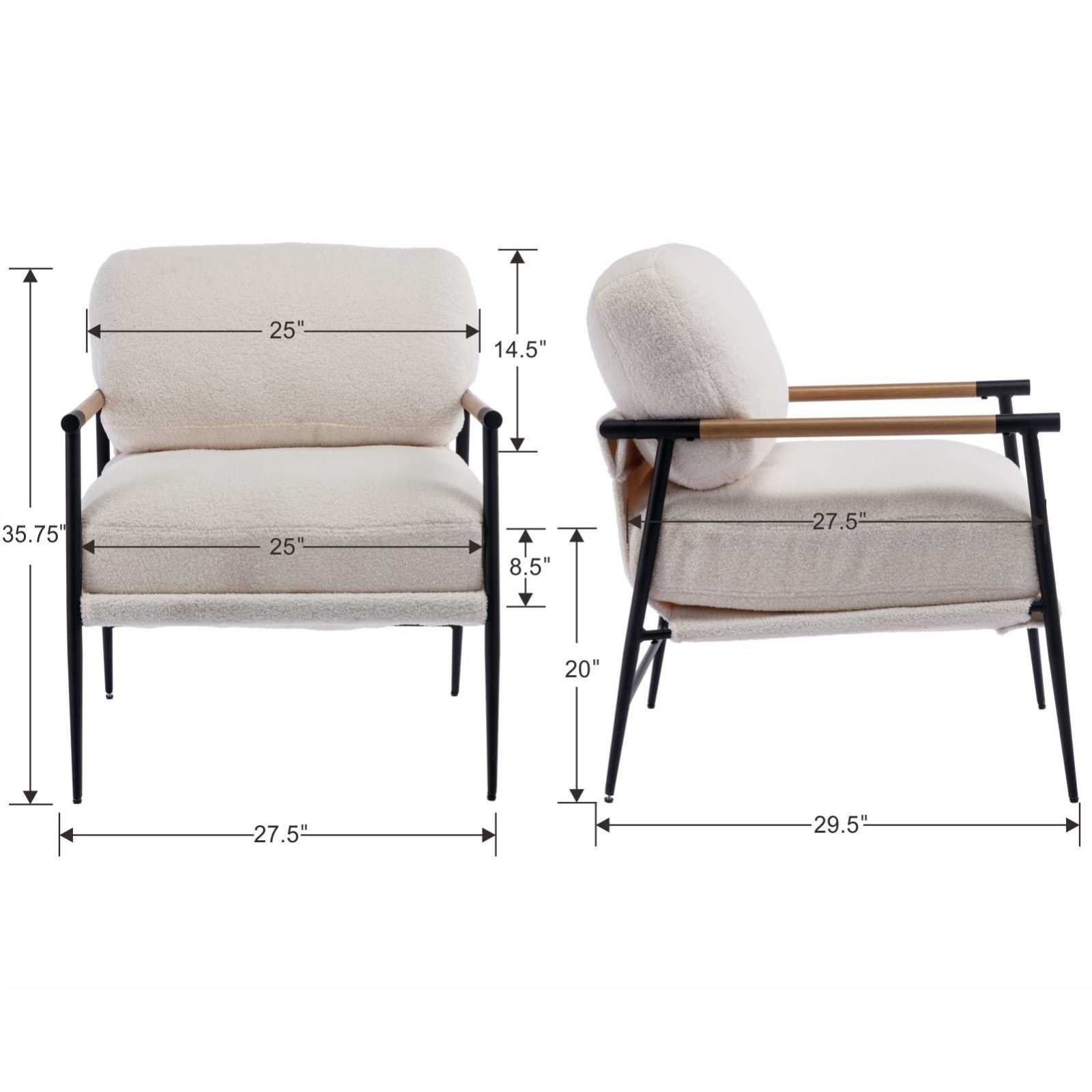 Ya-Home Mid-Century Accent Chair, Soft Armchair Sherpa Fabric Lounge Chair with Black Metal Legs, Upholstered Leisure Chair for Living Room Bedroom Reception Room, 1PC, White