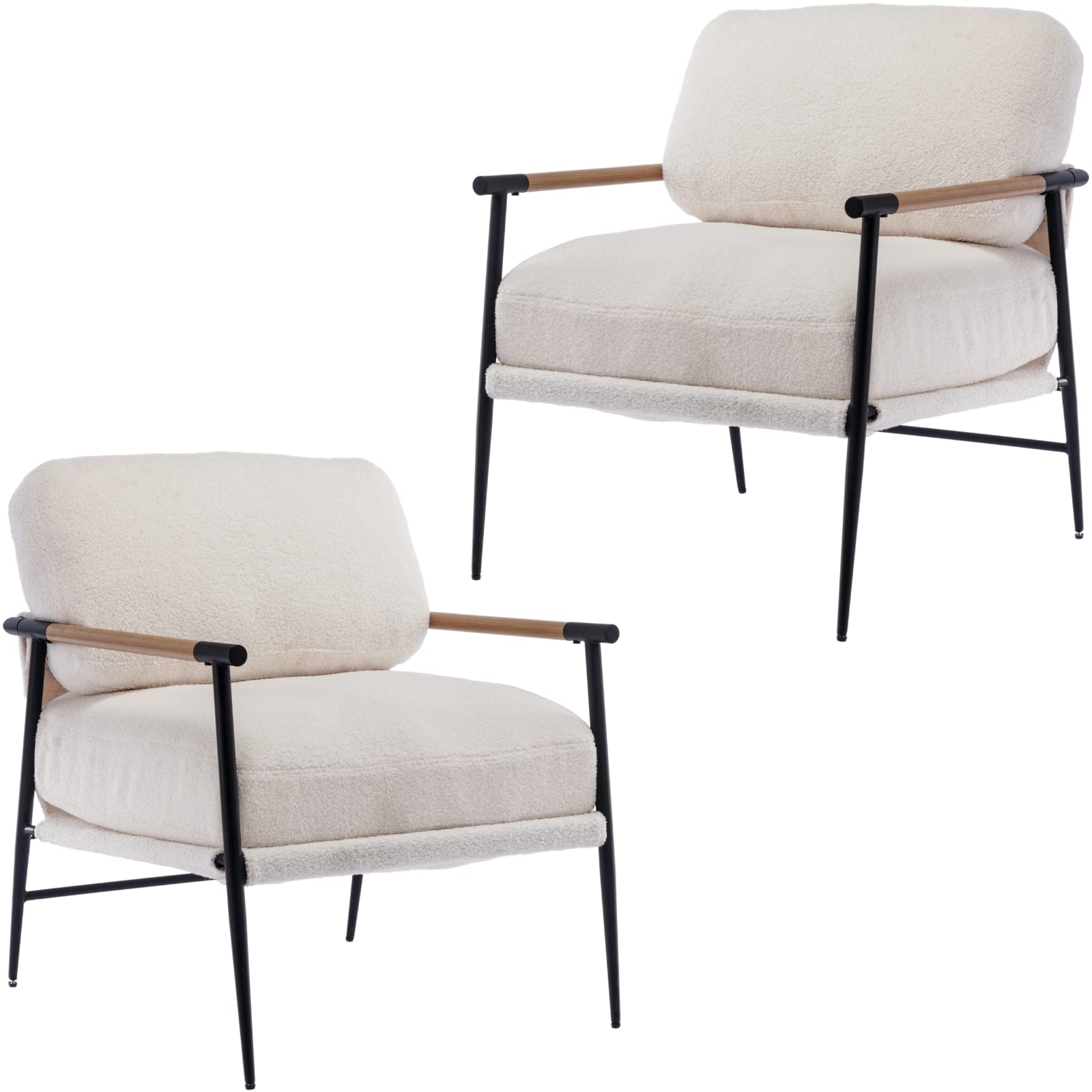 Ya-Home Mid-Century Accent Chair, Soft Armchair Sherpa Fabric Lounge Chair with Black Metal Legs, Upholstered Leisure Chair for Living Room Bedroom Reception Room, 1PC, White