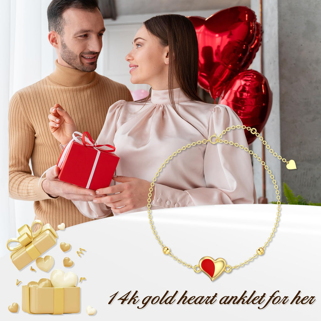 Mother's Day Jewelry Gifts 14K Solid Gold Cross/Heart Anklets for Women Ankle Bracelets Beach Foot Jewelry for Girlfriend Wife Mother Sister Daughter Birthday Anniversary, 8+1+1 Inches