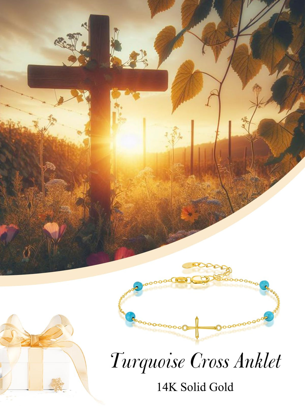 Mother's Day Jewelry Gifts 14K Solid Gold Cross/Heart Anklets for Women Ankle Bracelets Beach Foot Jewelry for Girlfriend Wife Mother Sister Daughter Birthday Anniversary, 8+1+1 Inches