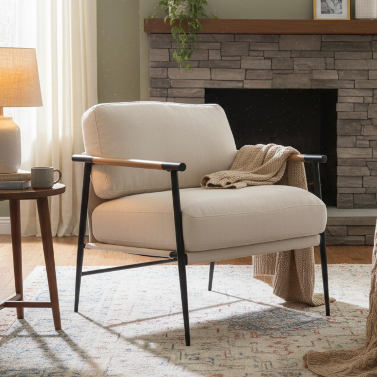 Ya-Home Mid-Century Accent Chair, Soft Armchair Sherpa Fabric Lounge Chair with Black Metal Legs, Upholstered Leisure Chair for Living Room Bedroom Reception Room, 1PC, White