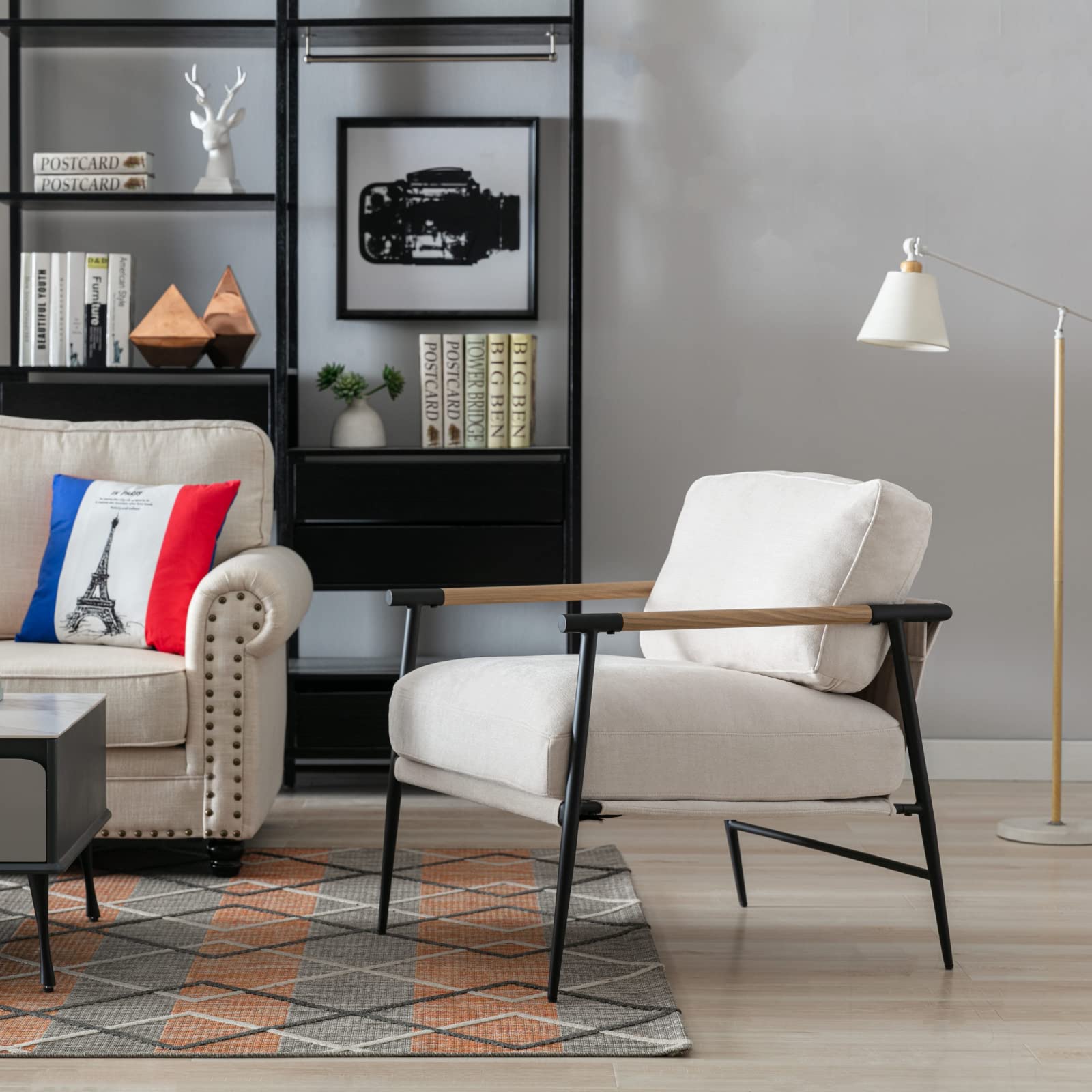 Ya-Home Mid-Century Accent Chair, Soft Armchair Sherpa Fabric Lounge Chair with Black Metal Legs, Upholstered Leisure Chair for Living Room Bedroom Reception Room, 1PC, White