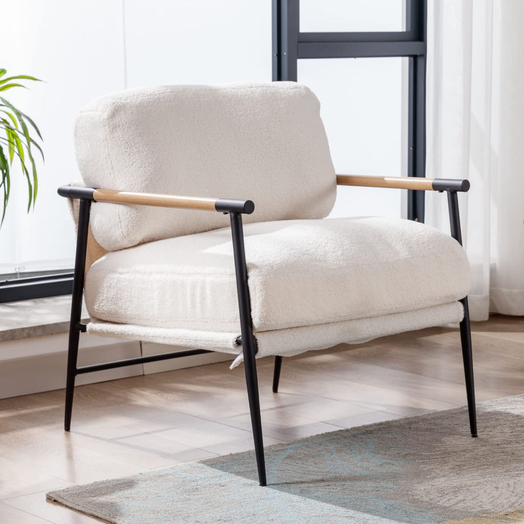 Ya-Home Mid-Century Accent Chair, Soft Armchair Sherpa Fabric Lounge Chair with Black Metal Legs, Upholstered Leisure Chair for Living Room Bedroom Reception Room, 1PC, White