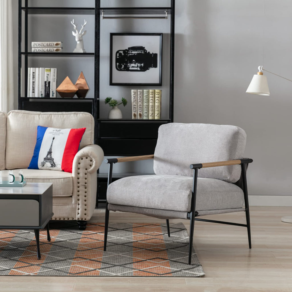 Ya-Home Mid-Century Accent Chair, Soft Armchair Sherpa Fabric Lounge Chair with Black Metal Legs, Upholstered Leisure Chair for Living Room Bedroom Reception Room, 1PC, White