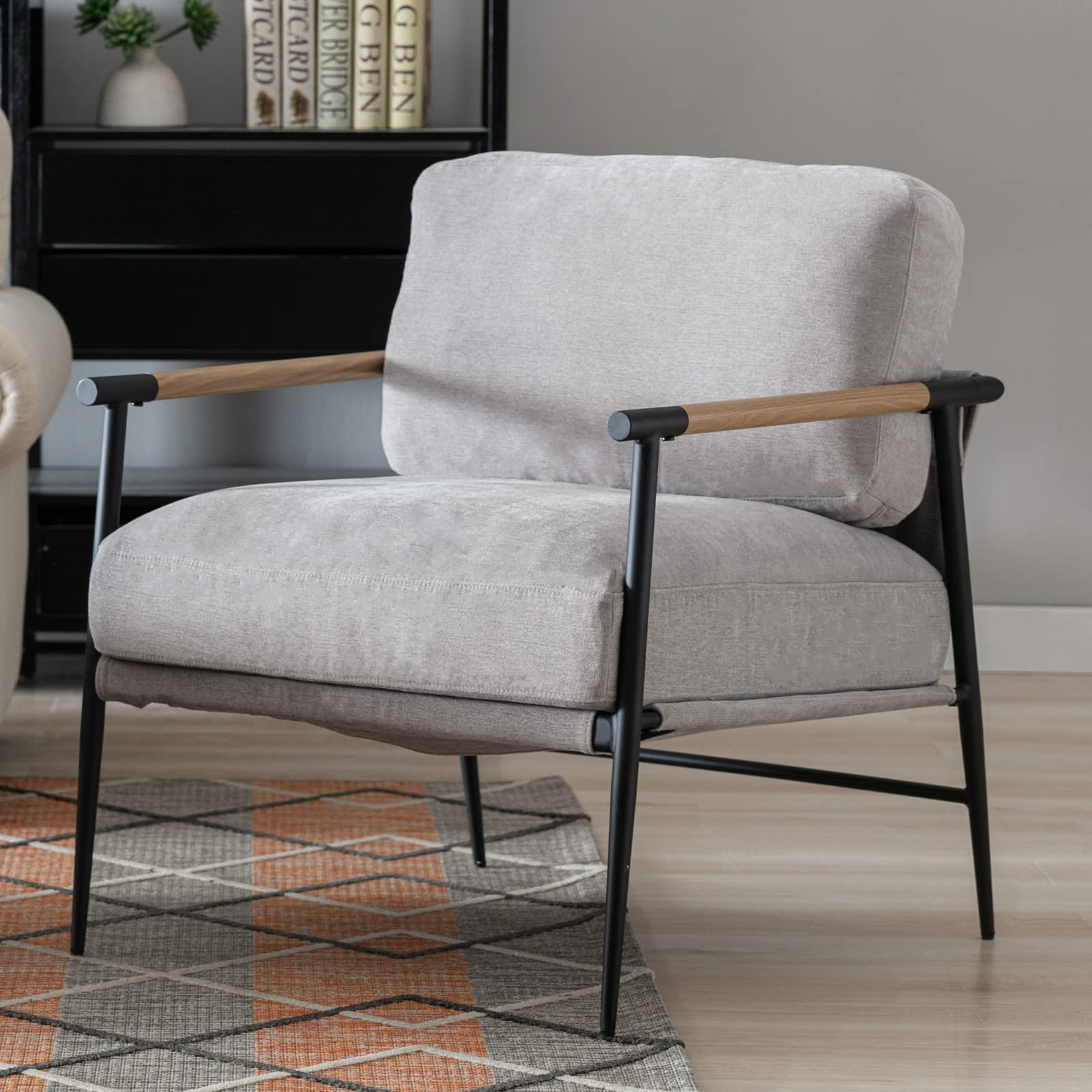 Ya-Home Mid-Century Accent Chair, Soft Armchair Sherpa Fabric Lounge Chair with Black Metal Legs, Upholstered Leisure Chair for Living Room Bedroom Reception Room, 1PC, White