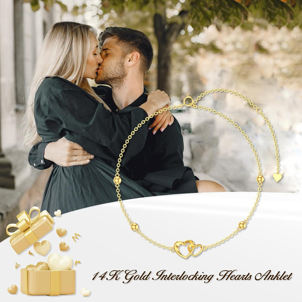 Mother's Day Jewelry Gifts 14K Solid Gold Cross/Heart Anklets for Women Ankle Bracelets Beach Foot Jewelry for Girlfriend Wife Mother Sister Daughter Birthday Anniversary, 8+1+1 Inches