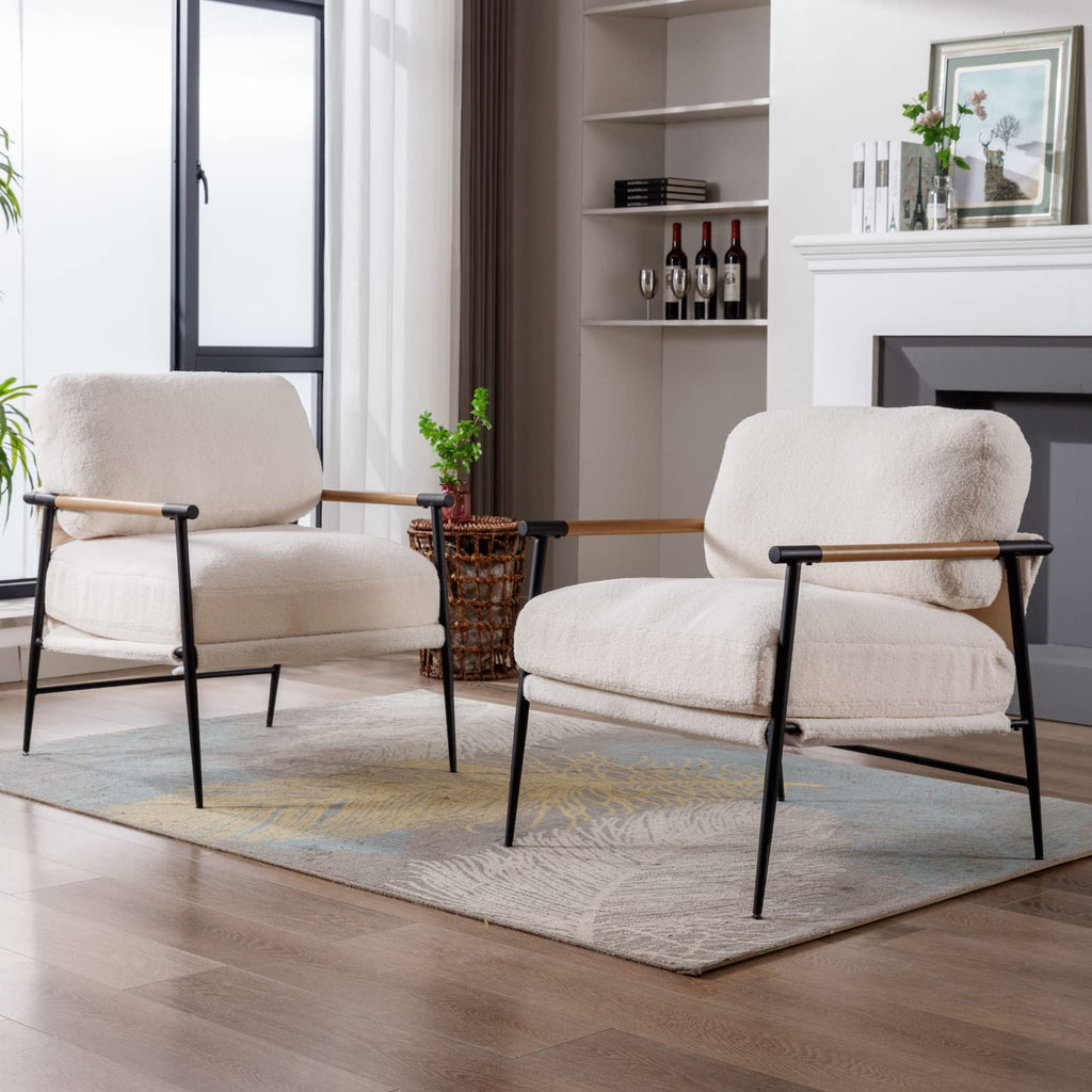 Ya-Home Mid-Century Accent Chair, Soft Armchair Sherpa Fabric Lounge Chair with Black Metal Legs, Upholstered Leisure Chair for Living Room Bedroom Reception Room, 1PC, White
