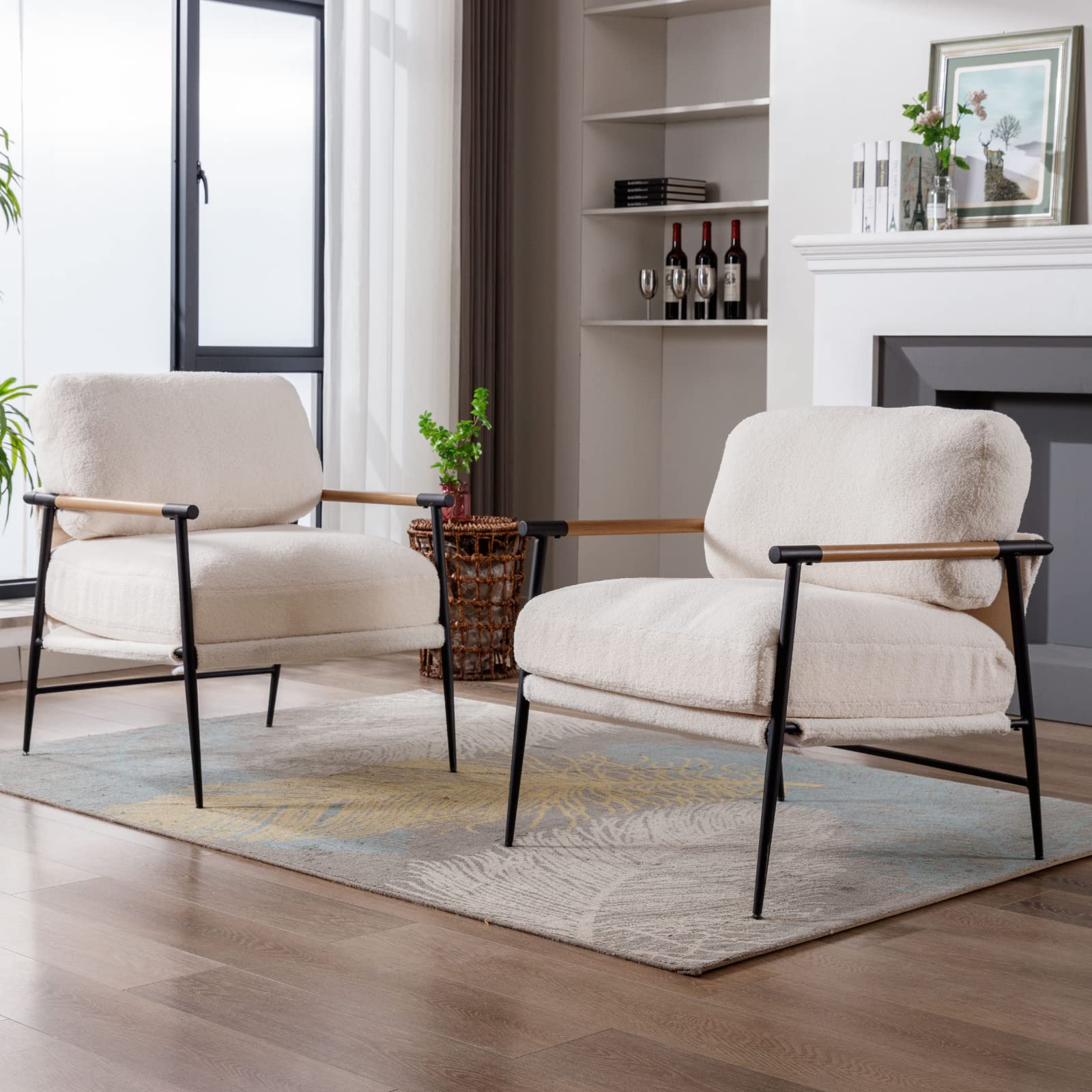 Ya-Home Mid-Century Accent Chair, Soft Armchair Sherpa Fabric Lounge Chair with Black Metal Legs, Upholstered Leisure Chair for Living Room Bedroom Reception Room, 1PC, White