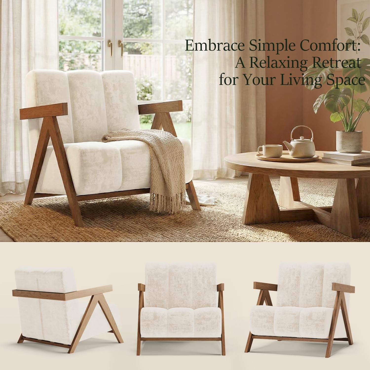 Modern Accent Chair for Living Room Bedroom,Comfy Chenille Reading Chair with Wood Frame,Oversized Upholstered Lounge Armchair with Thick High-Elastic Sponge for Apartment & Waiting Room (White,1)