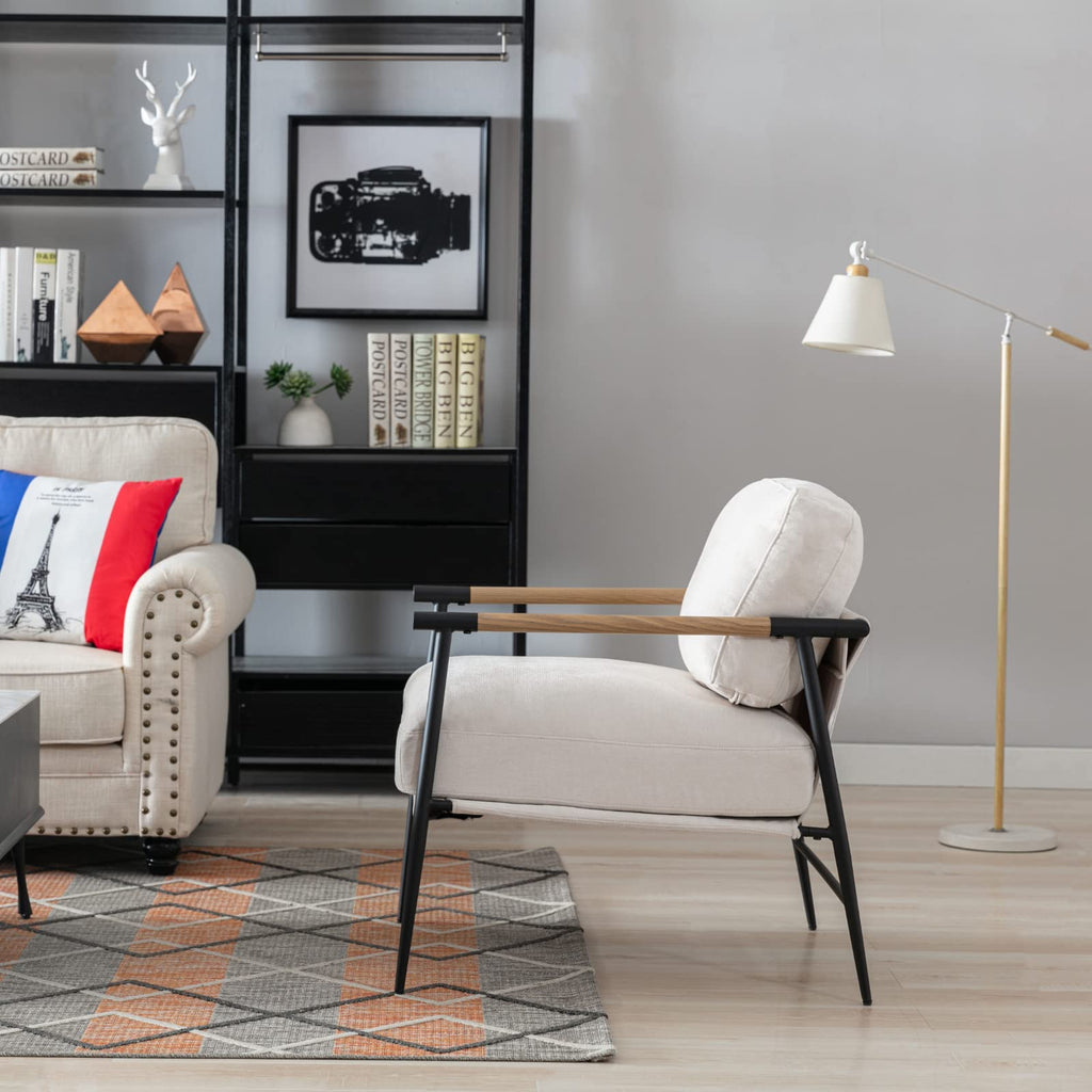 Ya-Home Mid-Century Accent Chair, Soft Armchair Sherpa Fabric Lounge Chair with Black Metal Legs, Upholstered Leisure Chair for Living Room Bedroom Reception Room, 1PC, White