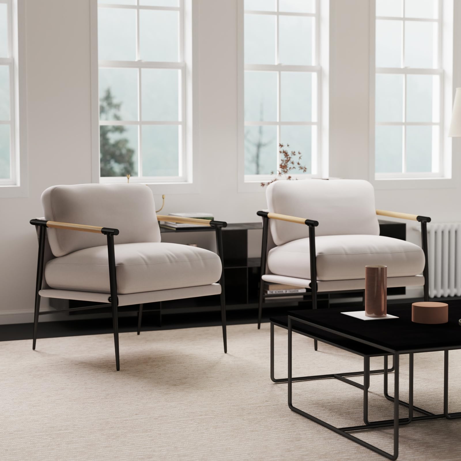 Ya-Home Mid-Century Accent Chair, Soft Armchair Sherpa Fabric Lounge Chair with Black Metal Legs, Upholstered Leisure Chair for Living Room Bedroom Reception Room, 1PC, White