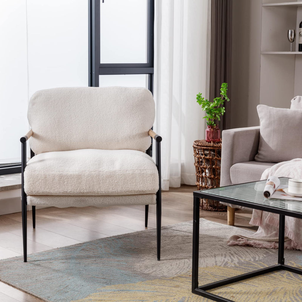 Ya-Home Mid-Century Accent Chair, Soft Armchair Sherpa Fabric Lounge Chair with Black Metal Legs, Upholstered Leisure Chair for Living Room Bedroom Reception Room, 1PC, White