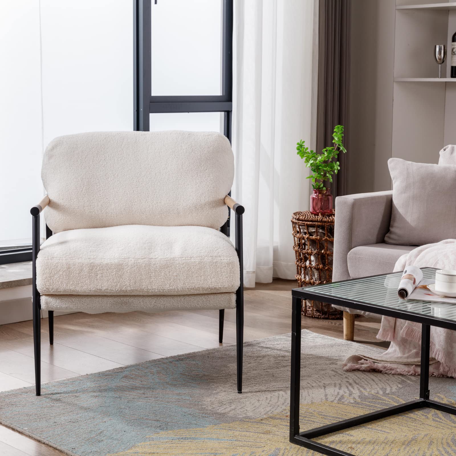 Ya-Home Mid-Century Accent Chair, Soft Armchair Sherpa Fabric Lounge Chair with Black Metal Legs, Upholstered Leisure Chair for Living Room Bedroom Reception Room, 1PC, White