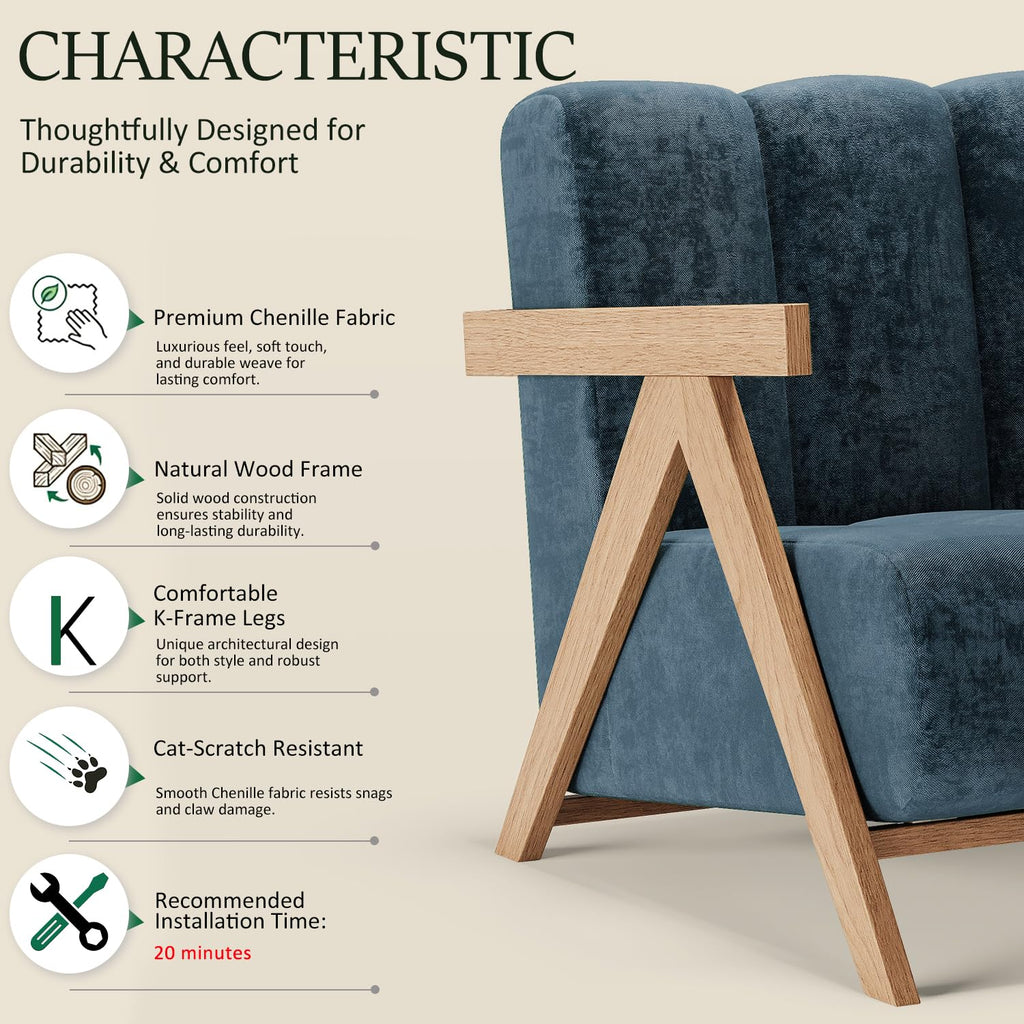 Modern Accent Chair for Living Room Bedroom,Comfy Chenille Reading Chair with Wood Frame,Oversized Upholstered Lounge Armchair with Thick High-Elastic Sponge for Apartment & Waiting Room (White,1)